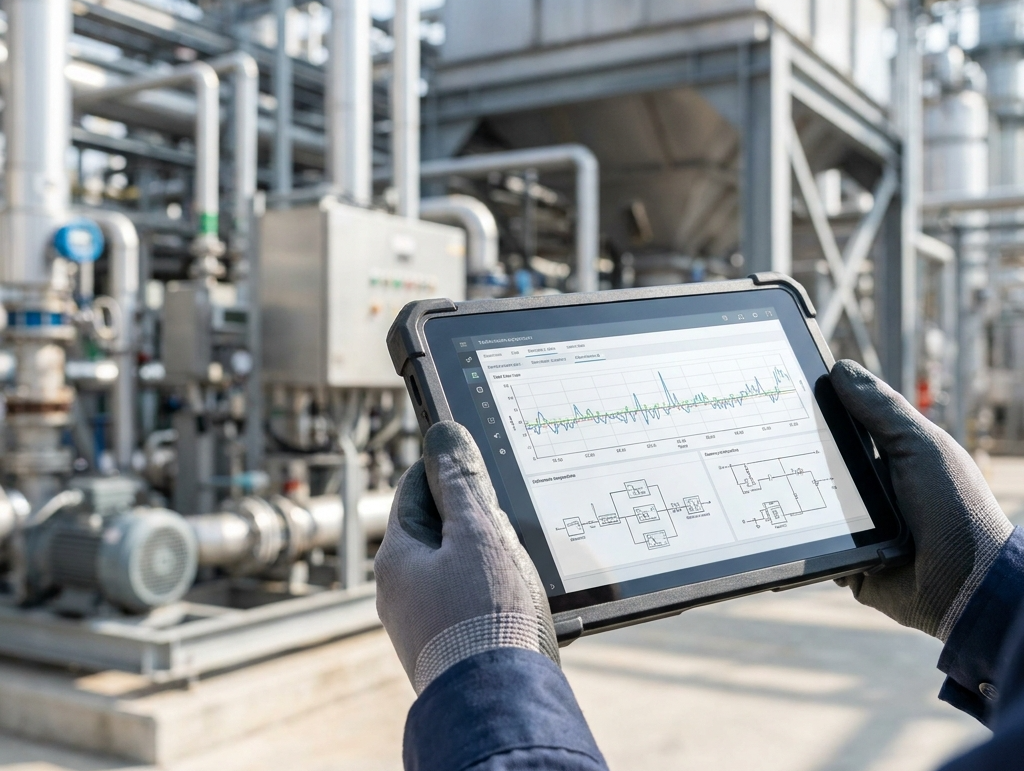 Mobile worker in action, holding a tablet with a map on it.