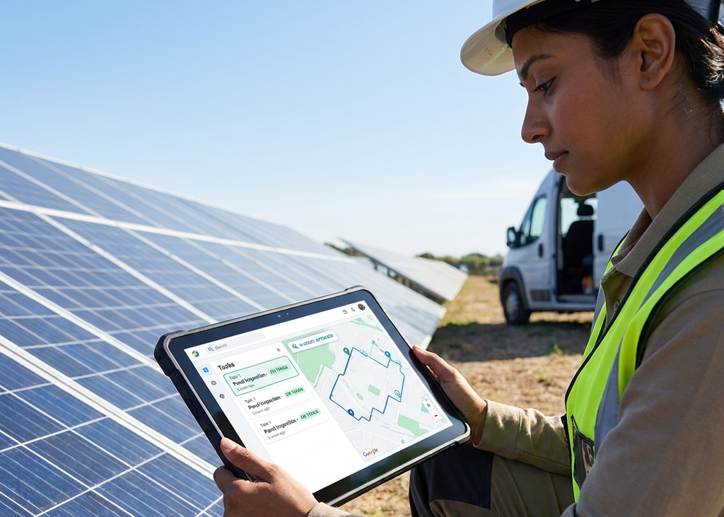Mobile worker in action, holding a tablet with a map on it.